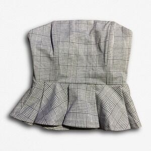 Lucid Pink Grey Plaid Strapless Peplum Tube Top Sweetheart Neckline Zipper Back